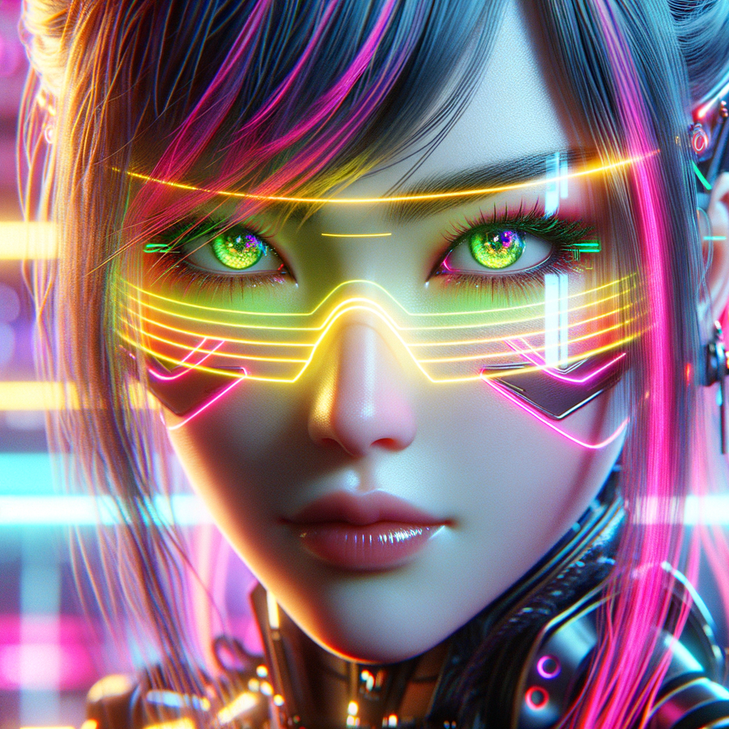 a close-up image of a female cyberpunk character with a vibrant, futuristic aesthetic. striking green eyes, neon pink streaks in her hair, and wears a high-tech visor that reflects neon yellow and pink lights