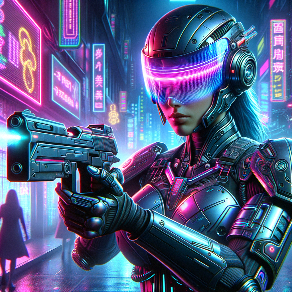 (masterpiece, high quality, cyberpunk, hyper-realistic, detailed art, artstation) A female cyberpunk character equipped with advanced, sleek armor and a high-tech helmet with a reflective visor that emits vibrant neon pink and purple lights. She is aiming a futuristic weapon. he background is filled with blurred neon signs, holographic advertisements