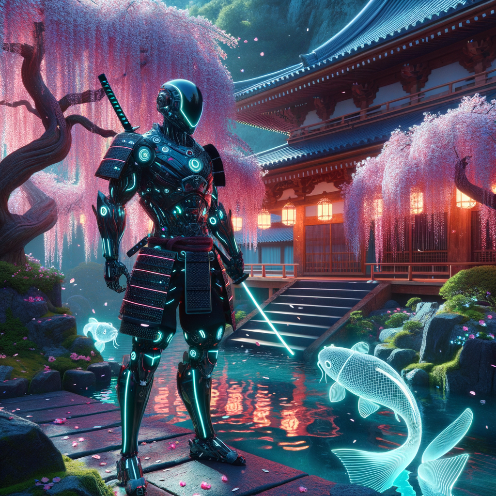 (masterpiece, high quality, 8k, cyberpunk, hyper-realistic, detailed art, artstation) A futuristic samurai clad in sleek, high-tech armor with neon accents, standing in a traditional Japanese garden juxtaposed with holographic cherry blossoms and robotic koi fish.