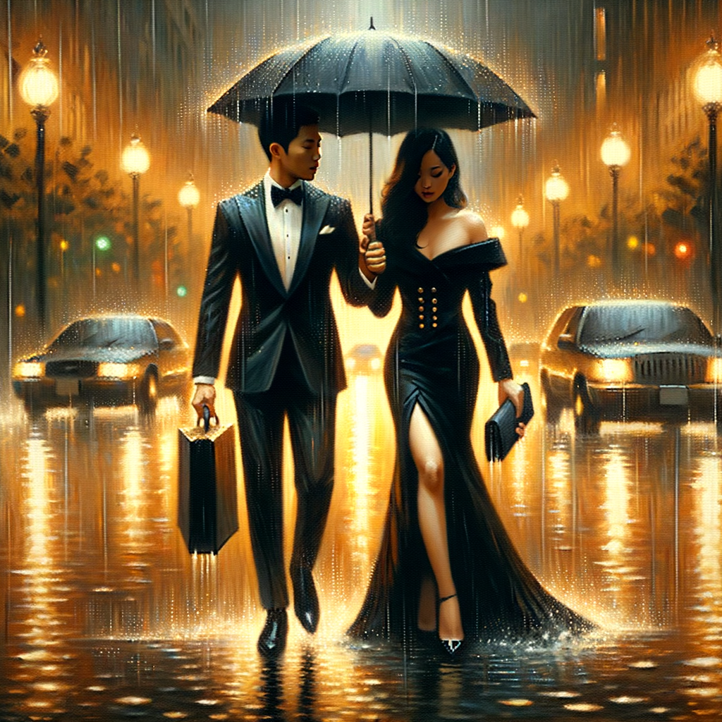 An oil painting of a couple in formal evening wear going home get caught in a heavy downpour with umbrellas