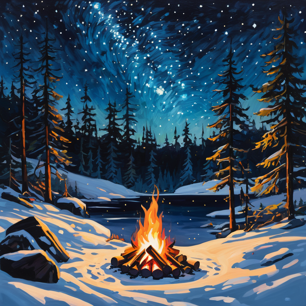 painting of a Campfire at night in a snowy forest with starry sky in the background.