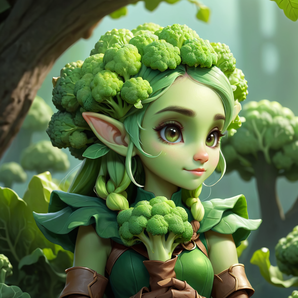 broccoli impersonated as a cute creature.elf like ears, character design, character art, 4k, high quality, digital art, feminine