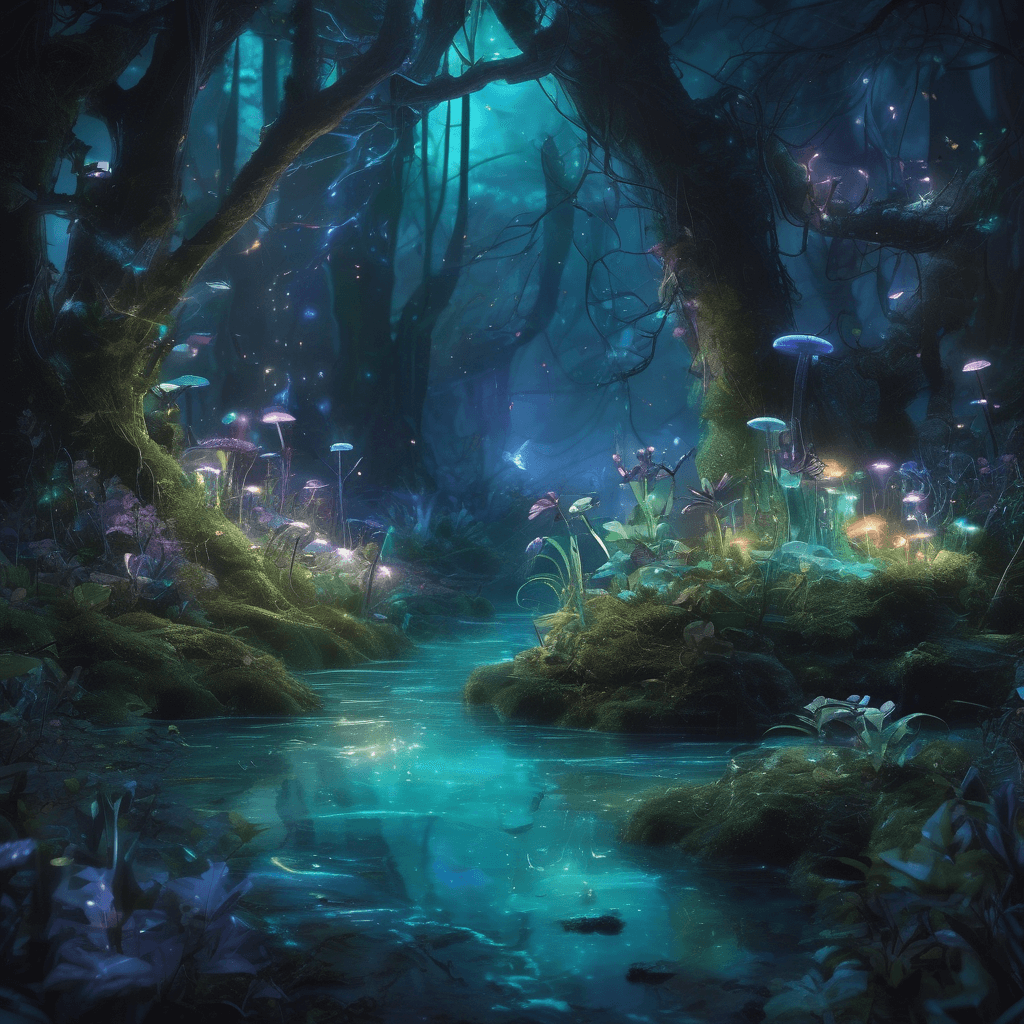 Create an enchanting scene where plants and creatures emit bioluminescent light, turning a forest into a magical wonderland.