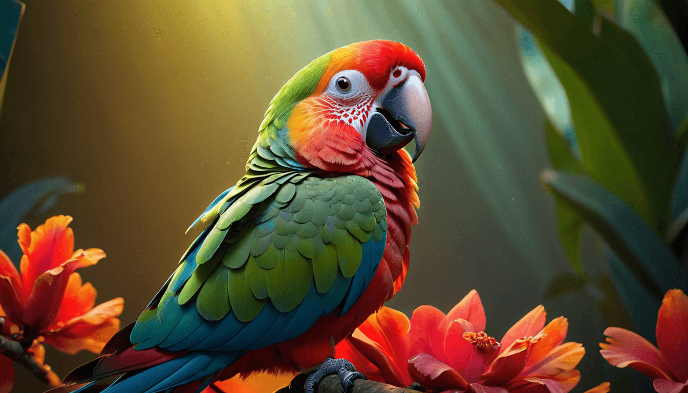 A surreal scene where a parrot bathes in a peculiar glow. The parrot's original colors have been replaced by an amber radiance that dances off its fur. The background shifts, blending between hues of vibrant crimson and silent, fading hues, creating a mesmerizing flow. A sense of enigmatic essence fills the atmosphere, wrapping everything in a layer of mystery. The scene is instilled with a dreamlike tranquility, the luminous contrast between the parrot and its surroundings further underscoring the calm. Embedded within it all, a twilight shroud gently dapples the scene, casting patches of light and shadow.