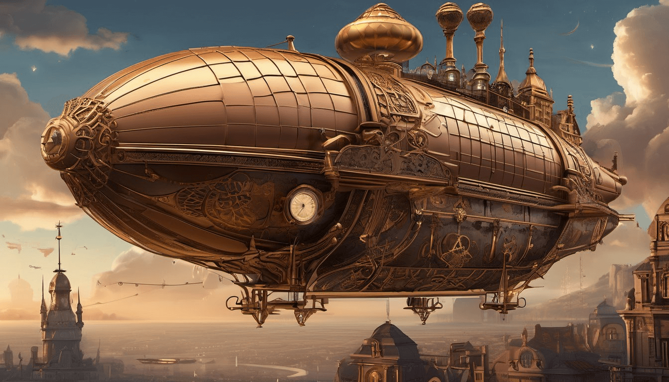 A steampunk airship docked at a Victorian-era spaceport, with ornate brass and copper details.