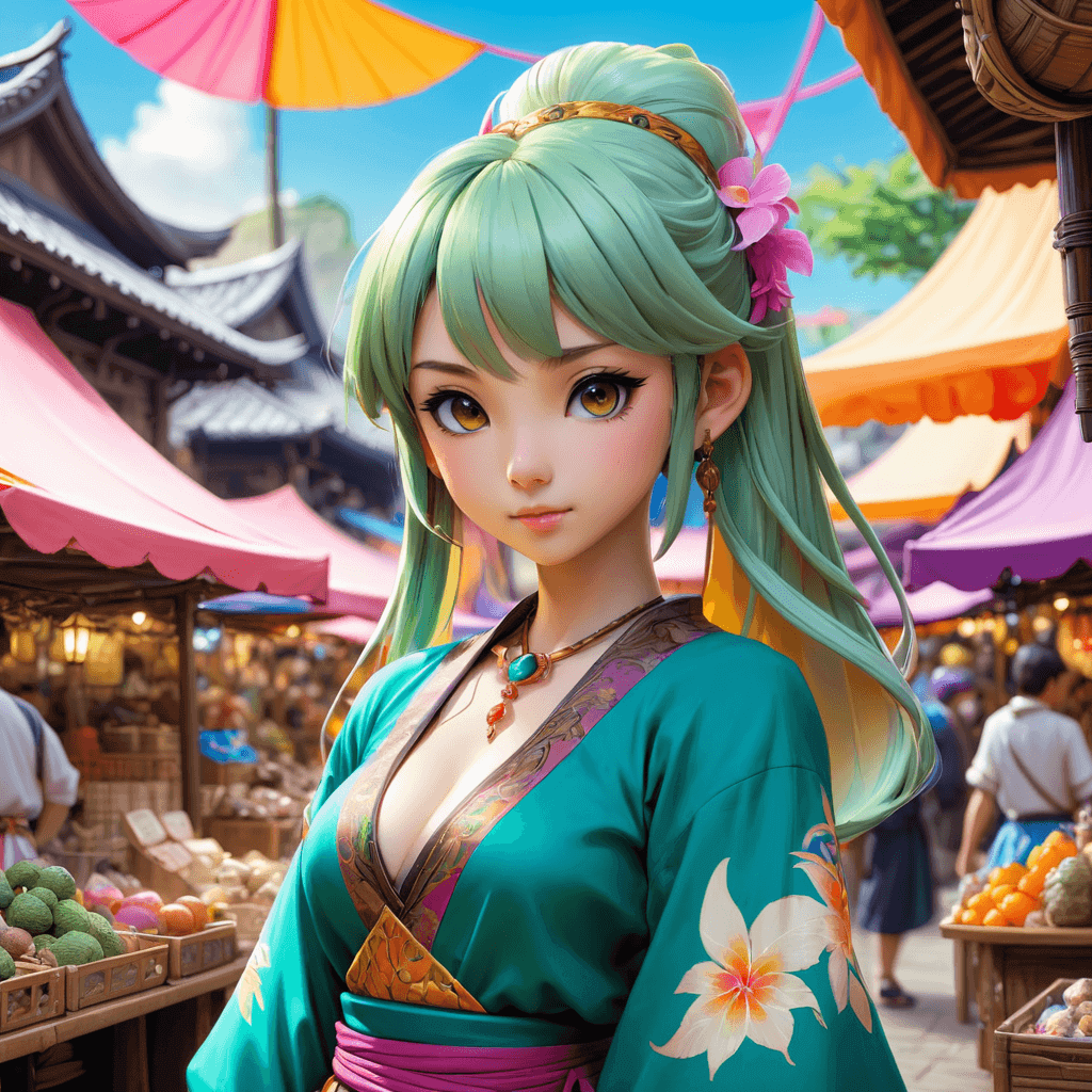 Anime character in a fantasy market, with stalls selling exotic goods, colorful canopies, and bustling crowds.