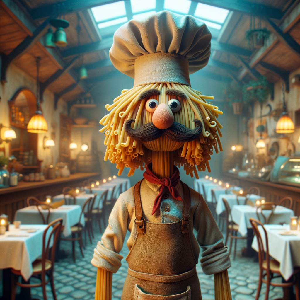 Pasta chef character with spaghetti hair, chef hat, apron, mustache, Italian restaurant setting, detailed, character design by Pixar and Jim Henson, 4k resolution, cinematic lighting, digital painting