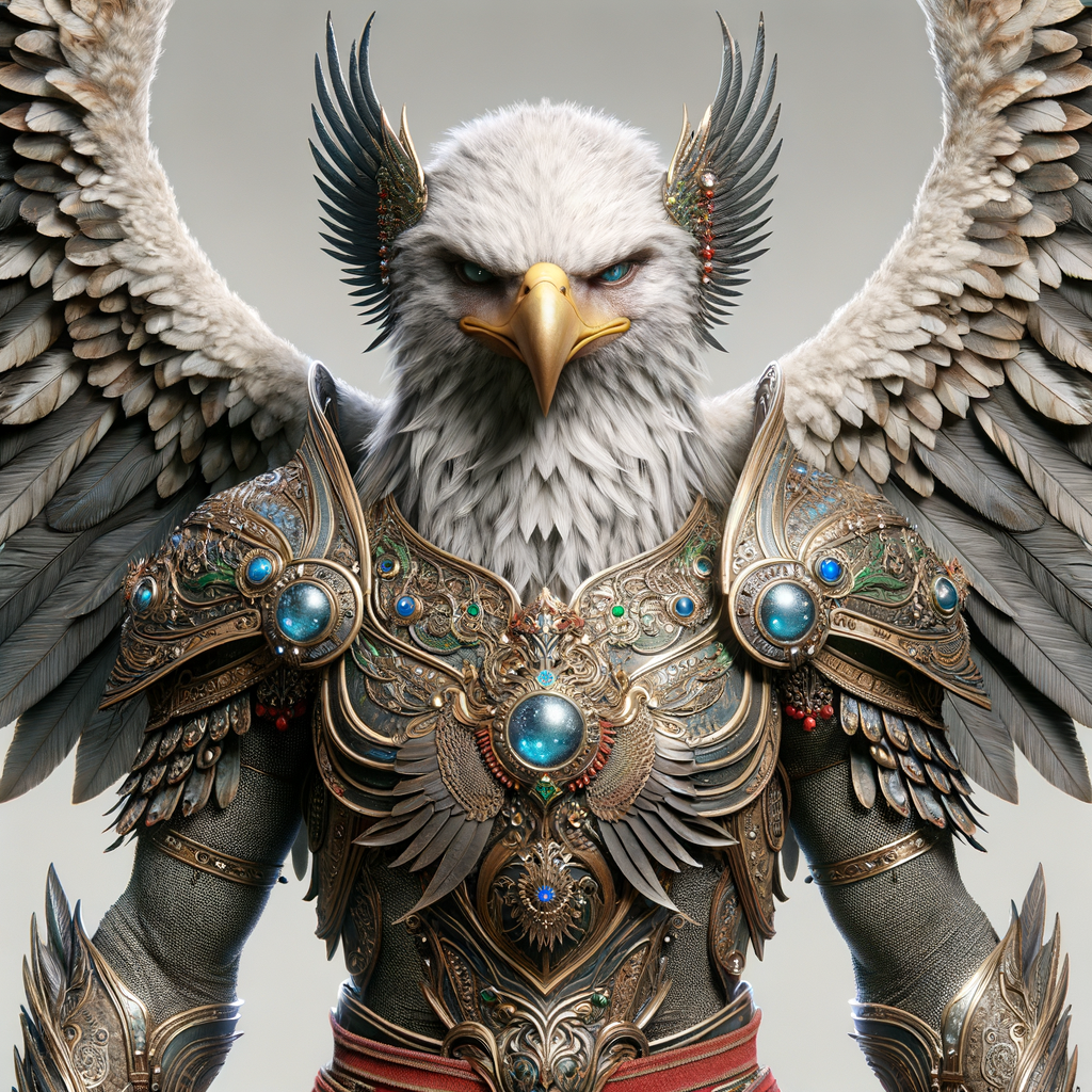 humanoid eagle warrior with wings, wearing ornate, ancient armor adorned with jewels and intricate designs