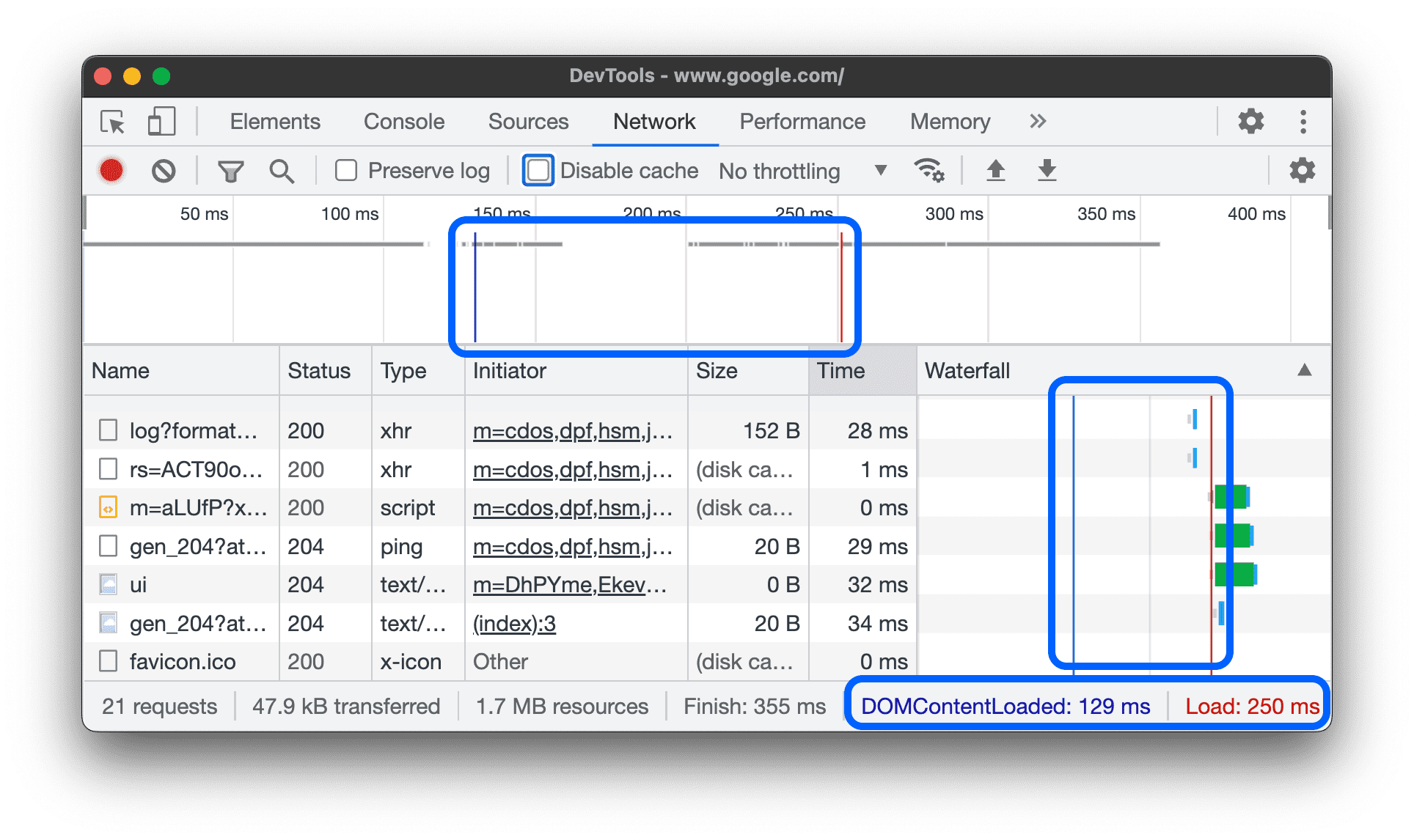 Le posizioni degli eventi DOMContentLoaded e load nel riquadro Rete.