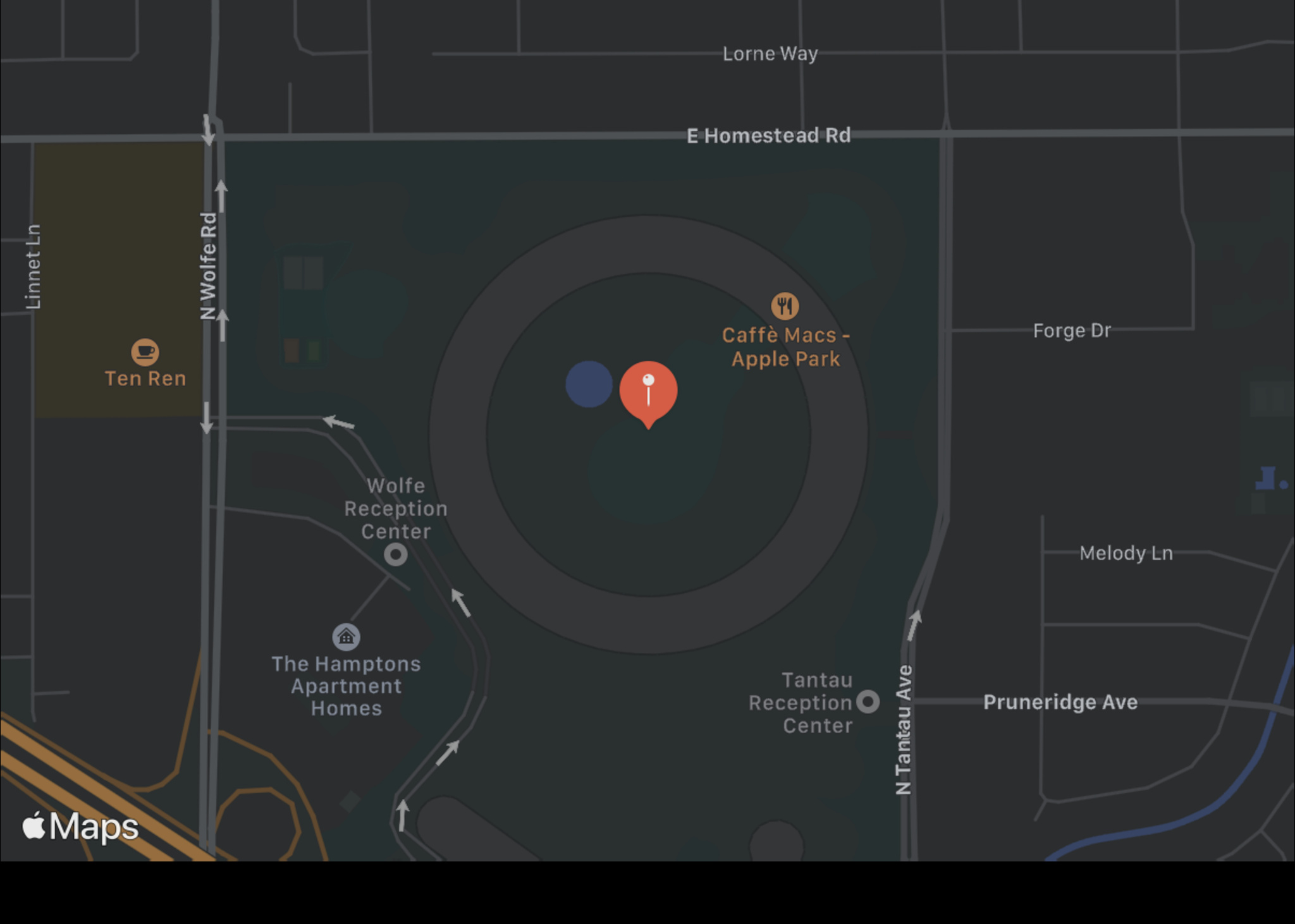 An image of Apple Park in dark mode on Maps.