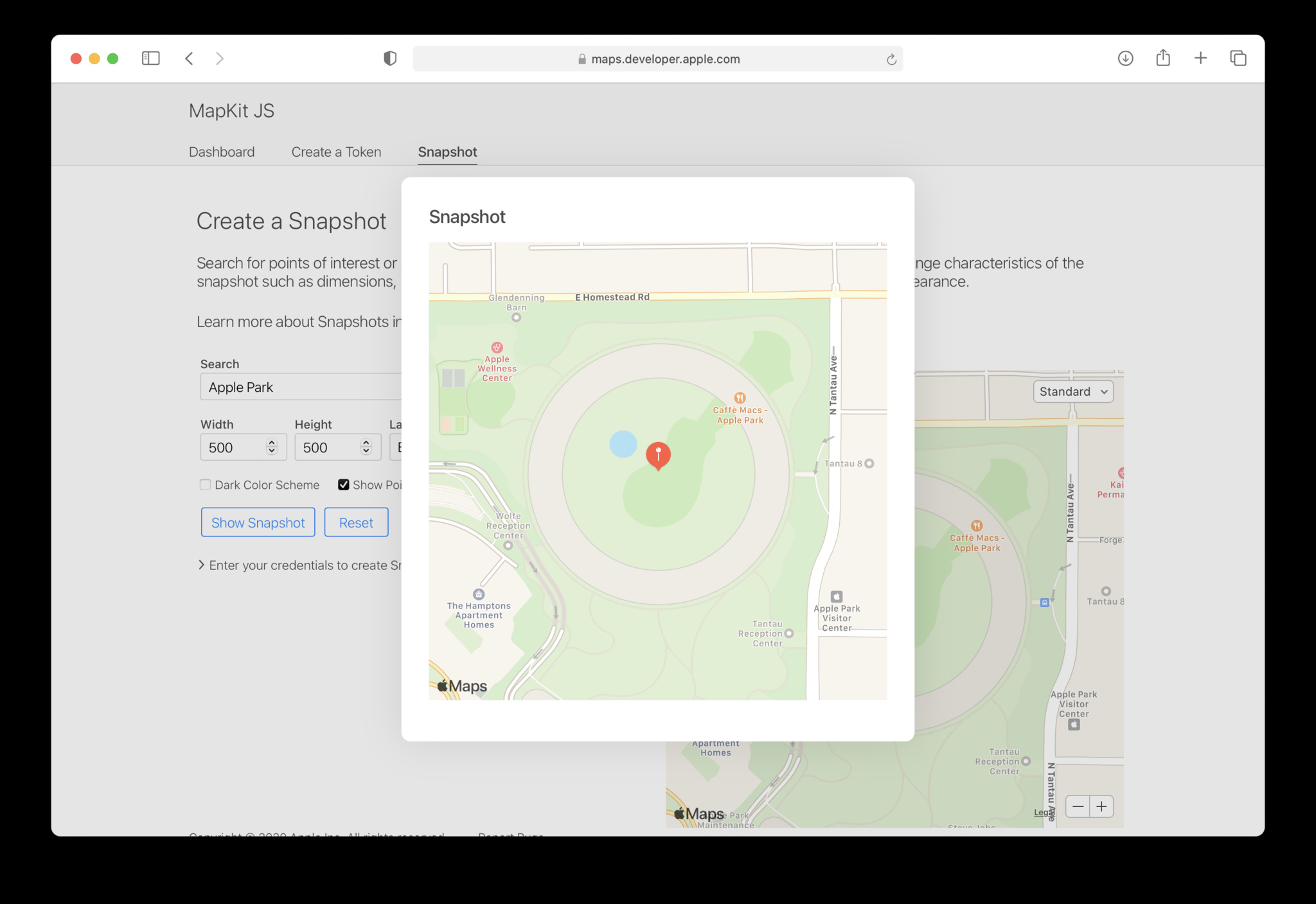 A webpage image of a snapshot in MapKit JS.