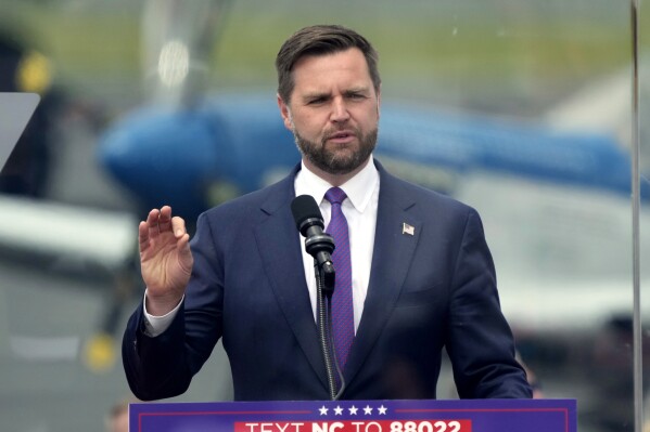 Republican vice presidential nominee Sen. JD Vance, R-Ohio, speaks during a campaign event in Asheboro, N.C., Wednesday, Aug. 21, 2024. (AP Photo/Chuck Burton)