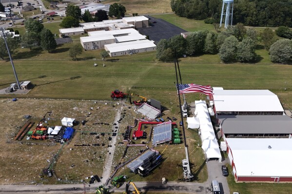 This aerial photo of the Butler Farm Show, site of the Saturday, July 13, 2024 Trump campaign rally, shown Monday, July 15, 2024 in Butler, Pa. On Saturday, Republican presidential candidate former President Donald Trump was wounded during an assassination attempt while speaking at the rally. (AP Photo/Gene J. Puskar)