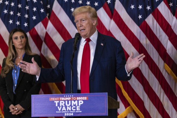 Republican presidential nominee former President Donald Trump speaks during a news conference held at Trump Tower, Friday, Sept., 6, 2024, in New York. (AP Photo/Stefan Jeremiah)