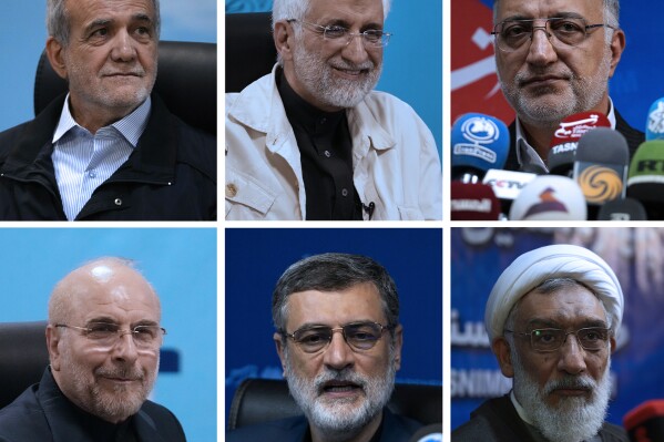 This combination of photos shows Iranian June 28, presidential candidates Masoud Pezeshkian, lawmaker and a former Health Minister, top left, Saeed Jalili, former senior nuclear negotiator, top center, Alireza Zakani, Tehran Mayor, top right, Mohammad Bagher Qalibaf, Parliament Speaker, bottom left, Amirhossein Ghazizadeh Hashemi, the late President Raisi's Vice-President, bottom center, and Mostafa Pourmohammadi, a former Minister of Justice. (AP Photo/Vahid Salemi)