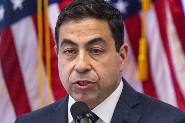 George Helmy speaks during a news conference after being announced to take the U.S. Senate seat that will soon be vacated by Senator Bob Menendez, in Newark, New Jersey, Friday, Aug. 16, 2024. (AP Photo/Eduardo Munoz Alvarez)