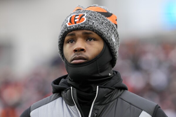 FILE - Cincinnati Bengals wide receiver Tee Higgins stands on the sidelines during an NFL football game against the Cleveland Browns, Jan. 7, 2024, in Cincinnati. Higgins signed his franchise tender on Monday. but his future in Cincinnati remains in doubt. (AP Photo/Jeff Dean, file)