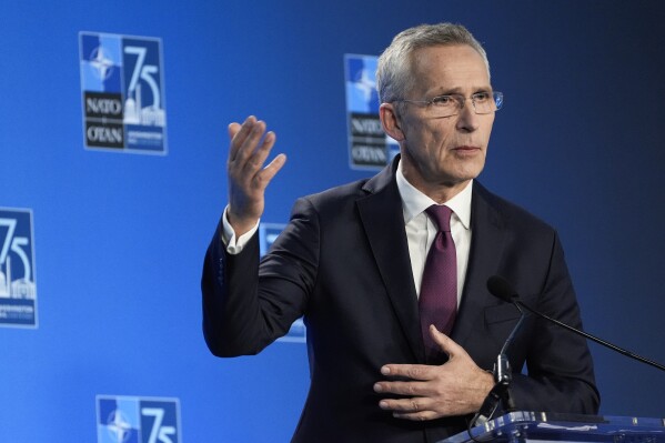 NATO Secretary General Jens Stoltenberg delivers remarks at a press conference, Thursday, July 11, 2024, during the NATO summit in Washington. (AP Photo/Stephanie Scarbrough)