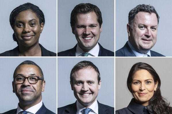 This combo of pictures released by the UK Parliament on Monday July 29, 2024 shows portraits of the six senior Tories who are set to fight it out in a battle for the future of the Conservative Party. Top row left to right, Kemi Badenoch, Robert Jenrick and Mel Stride, bottom row left to right, James Cleverly, Tom Tugendhat and Priti Patel. (UK Parliament via AP)