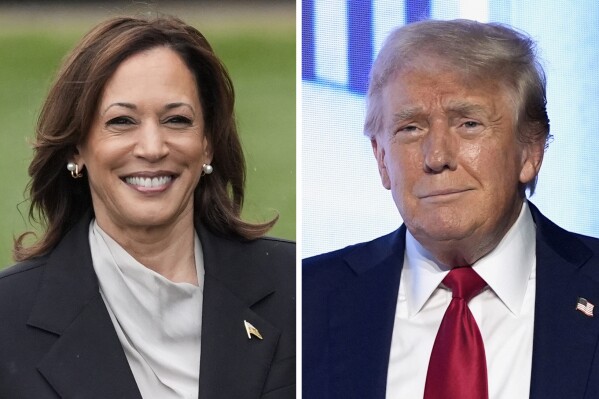 This combination photo shows Vice President Kamala Harris, left, at the White House in Washington, July 22, 2024, and Republican presidential candidate former President Donald Trump at an event July 26, 2024, in West Palm Beach, Fla. Just 99 days before Election Day, a fundamentally new race is taking shape with new candidates, a new issue focus and a new outlook for both parties. Harris is smashing fundraising records and taking over social media. Republicans are fearful and frustrated as they struggle to accept the new reality that Trump's victory is no sure thing. (AP Photo)