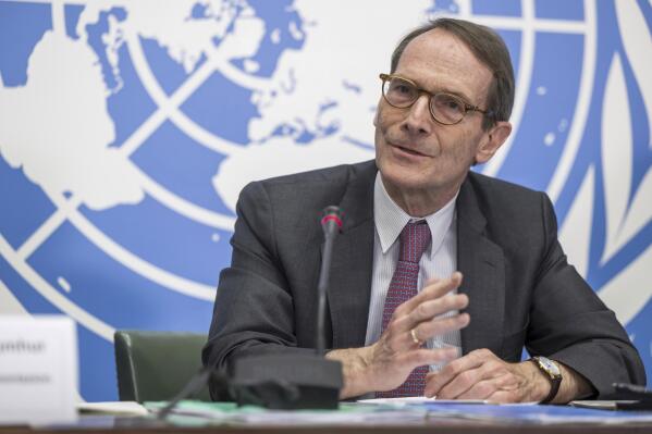 Erik Mose, Chair of the Independent International Commission of Inquiry on Ukraine, speaks about the release of comprehensive report by the UN Independent International Commission of Inquiry on Ukraine to the Human Rights Council, during a press conference at the European headquarters of the United Nations in Geneva, Switzerland, Thursday, March 16, 2023. A U.N.-backed investigation has found that Russian attacks against civilians in Ukraine, including systematic torture and killing in occupied regions, amount to war crimes and possibly crimes against humanity. (Martial Trezzini/Keystone via AP)