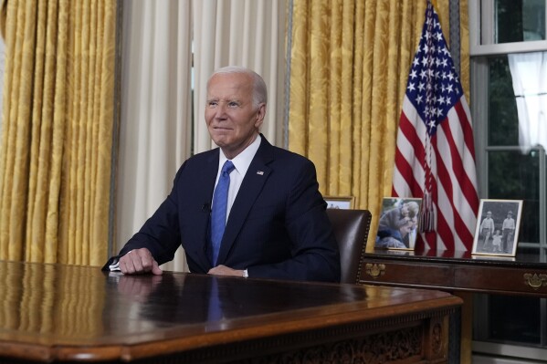 President Joe Biden pauses as he concludes his address to the nation from the Oval Office of the White House in Washington, Wednesday, July 24, 2024, about his decision to drop his Democratic presidential reelection bid. (AP Photo/Evan Vucci, Pool)