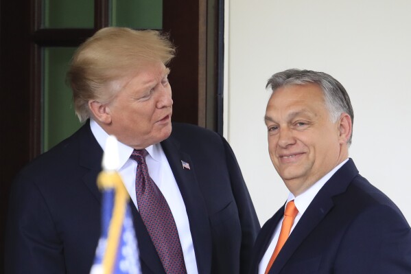 FILE - President Donald Trump, left, welcomes Hungarian Prime Minister Viktor Orban to the White House in Washington, on May 13, 2019. (AP Photo/Manuel Balce Ceneta, File)