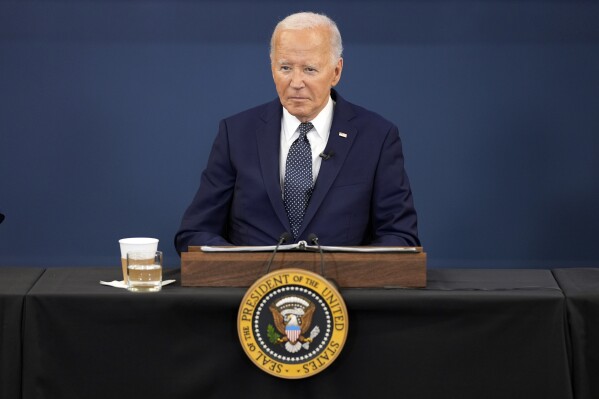 President Joe Biden listens during a visit to the D.C. Emergency Operations Center, Tuesday, July 2, 2024, in Washington. (AP Photo/Evan Vucci)