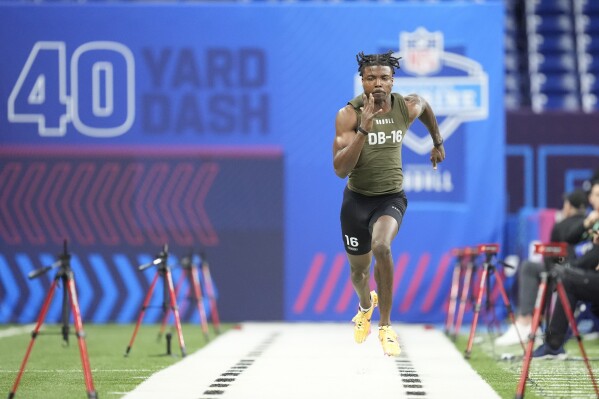 FILE - Oregon defensive back Khyree Jackson runs the 40-yard dash at the NFL football scouting combine, Friday, March 1, 2024, in Indianapolis. Minnesota Vikings rookie cornerback Khyree Jackson was killed Saturday morning, July 6, 2024, in a car crash in Maryland, police and the team said. (AP Photo/Michael Conroy, File)