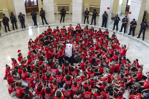 U.S. Capitol Police detain demonstrators protesting against the military policies of Israel a day before a visit by Israeli Prime Minister Netanyahu who will address a joint meeting of Congress on Wednesday, in the Cannon House Office Building at the Capitol in Washington, Tuesday, July 23, 2024. (AP Photo/J. Scott Applewhite)