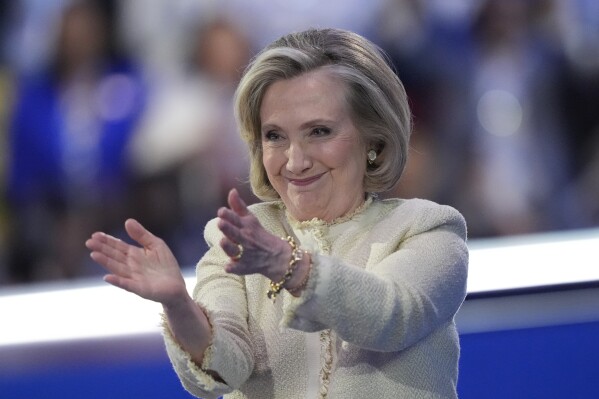 Hillary Clinton speaks during the Democratic National Convention Monday, Aug. 19, 2024, in Chicago. (AP Photo/Charles Rex Arbogast)