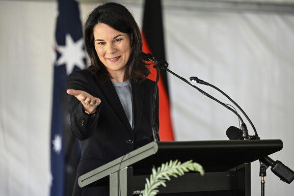 Germany's Foreign Minister Annalena Baerbock speaks in Adelaide, Friday, May 3, 2024, during a ceremony to mark the return of four significant cultural heritage items to the indigenous Kaurna people from the collection of the Grassi Museum in Leipzig. (Michael Errey/Pool Photo via AP)