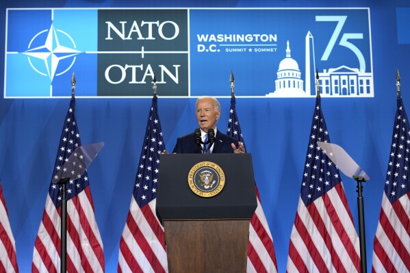 FILE - President Joe Biden speaks at a news conference following the NATO Summit in Washington, Thursday, July 11, 2024. In the ensuing two years following the pandemic, as inflation slowed but persisted, the confidence Biden hoped to instill steadily waned. And when he showed his age in a disastrous debate in June against Donald Trump, he lost the benefit of the doubt as well. That gave him the legacy of having built the legislative scaffolding of a renewed America without convincing voters that better days were ahead. (AP Photo/Susan Walsh)