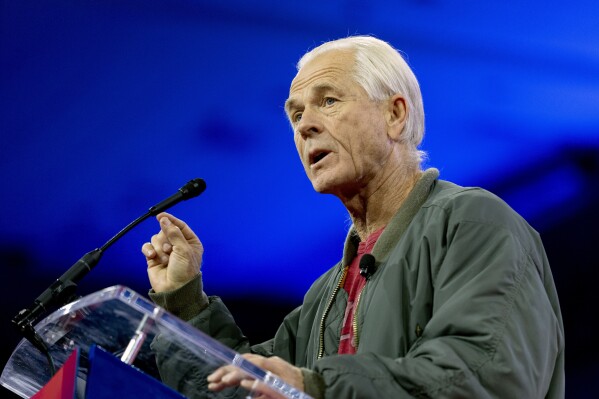 FILE - Peter Navarro, former director of the White House National Trade Council, speaks during CPAC at National Harbor, in Oxon Hill, Md., Feb. 24, 2024. Former White House trade advisor Peter Navarro, who is currently in jail on contempt of Congress charges, is expected to speak at next week's Republican National Convention just hours after his release. is set to be released from a Miami prison on Wednesday, July 17, 2024. (AP Photo/Alex Brandon, File)