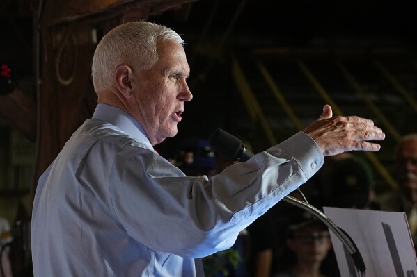 Republican presidential candidate and former Vice President Mike Pence speaks during a stop at the Indiana State Fair, Wednesday, Aug. 2, 2023, in Indianapolis. (AP Photo/Darron Cummings)