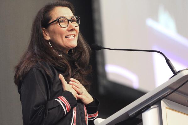 U.S. Rep. Mary Peltola gives the keynote address at the Alaska Federation of Natives conference in Anchorage, Alaska, on Thursday, Oct. 20, 2022. (AP Photo/Mark Thiessen)