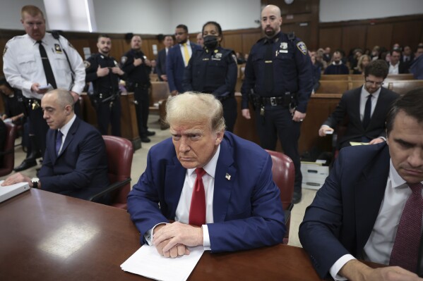 Former President Donald Trump attends his trial at the Manhattan Criminal court, Monday, May 6, 2024, in New York. (Win McNamee/Pool Photo via AP)