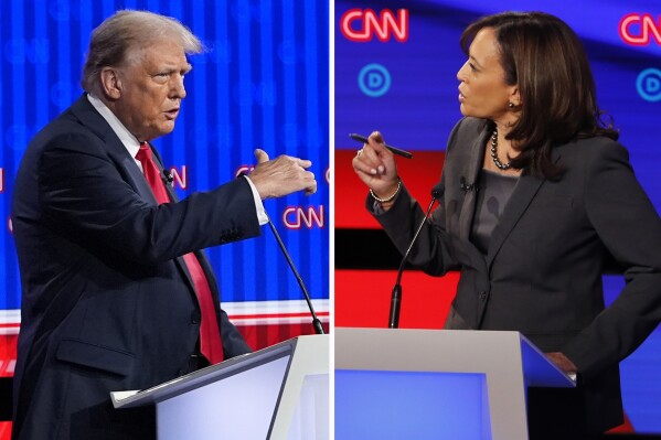 This combination photo shows Republican presidential candidate former President Donald Trump speaking during a presidential debate, June 27, 2024, in Atlanta, left, and Sen. Kamala Harris, D-Calif., speaking during a Democratic presidential primary debates, July 31, 2019, in Detroit. (AP Photo)