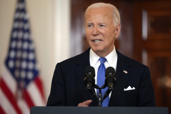 President Joe Biden speaks in the Cross Hall of the White House Monday, July 1, 2024, in Washington. (AP Photo/Jacquelyn Martin)