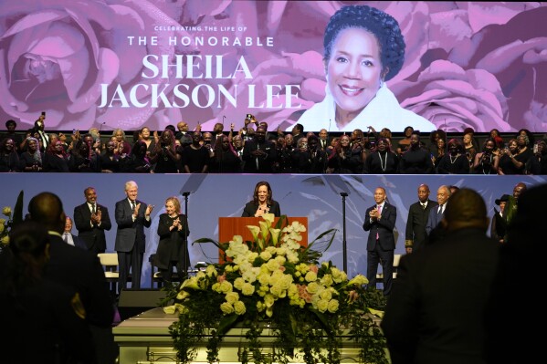 Vice President Kamala Harris delivers a eulogy for U.S. Rep. Sheila Jackson Lee, Thursday, Aug. 1, 2024, in Houston. (AP Photo/LM Otero)