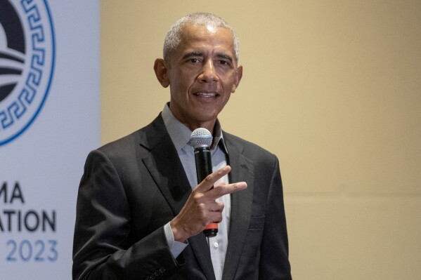 FILE - Former President Barack Obama speaks in Athens, Greece, June 21, 2023. Democrats at the highest levels are making a critical push for President Joe Biden to reconsider his election bid. Obama has privately expressed concerns to Democrats about Biden’s candidacy. And Speaker Emerita Nancy Pelosi privately warned Biden that Democrats could lose the ability to seize control in the House if he didn’t step away from the race and that polls showed he likely can’t defeat Donald Trump. (AP Photo/Petros Giannakouris, File)