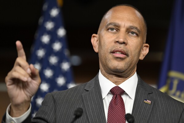 House Minority Leader Rep. Hakeem Jeffries, D-N.Y., speaks at his weekly press conference on Capitol Hill, Thursday, July 11, 2024, in Washington. (AP Photo/John McDonnell)