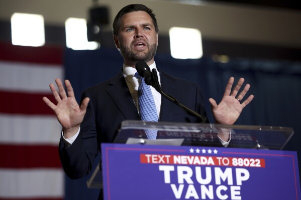 Republican vice presidential candidate Sen. JD Vance, R-Ohio, speaks during a campaign event Tuesday, July 30, 2024, in Henderson, Nev. (AP Photo/Ellen Schmidt)