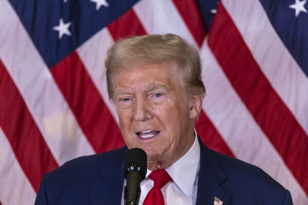 Republican presidential nominee former President Donald Trump speaks during a news conference held at Trump Tower, Friday, Sept., 6, 2024. (AP Photo/Stefan Jeremiah)