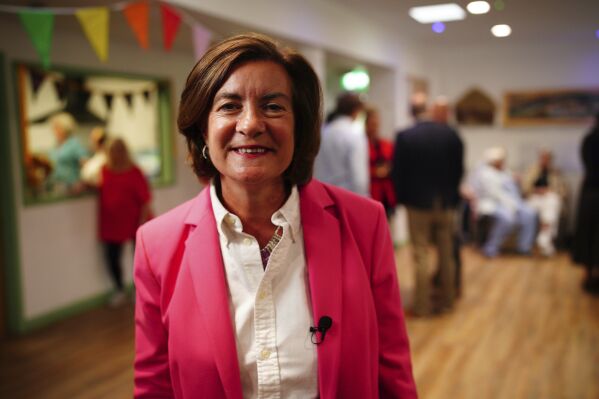 Eluned Morgan meets with members of the public at the Caer Heritage Centre in Caerau, Ely, Wales, Wednesday, July 24, 2024. Wales is set to get its first female leader after Eluned Morgan was chosen Wednesday to lead the governing Welsh Labour Party. (Ben Birchall/PA via AP)