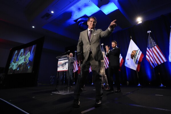 FILE - Republican U.S. Senate candidate Steve Garvey points to his supporters as he walks on the stage during his election night party on Tuesday, March 5, 2024, in Palm Desert, Calif. Garvey visited Israel recently on a trip designed to bolster his foreign policy credentials. (AP Photo/Gregory Bull)