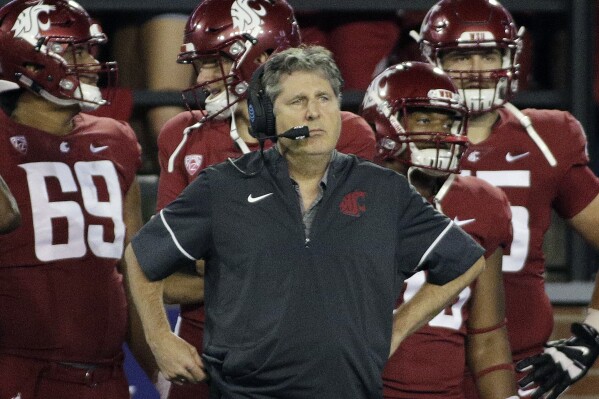 FILE - Washington State head coach Mike Leach stands on the sideline on during the first half of an NCAA college football game against Boise State in Pullman, Wash., Saturday, Sept. 9, 2017. (AP Photo/Young Kwak, File)