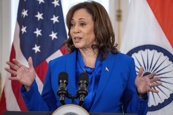 FILE- U.S. Vice President Kamala Harris speaks during an event with Prime Minister Narendra Modi during the Indian leader's state visit to Washington, June 23, 2023. (AP Photo/Jacquelyn Martin, File)