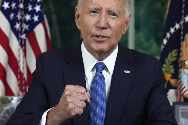 President Joe Biden addresses the nation from the Oval Office of the White House in Washington, Wednesday, July 24, 2024, about his decision to drop his Democratic presidential reelection bid. (AP Photo/Evan Vucci, Pool)