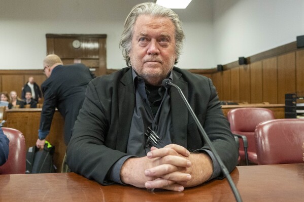 FILE - Steve Bannon appears in court in New York, Jan. 12, 2023. Trump ally Steve Bannon has asked the Supreme Court to delay his prison sentence while he fights his convictions for defying a subpoena from the House committee that investigated the attack on U.S. Capitol. The request from Republican former President Donald Trump's longtime ally comes after a federal appeals court panel rejected his bid to avoid reporting to prison by July 1 to serve his four-month sentence. (Steven Hirsch/New York Post via AP, Pool, File)